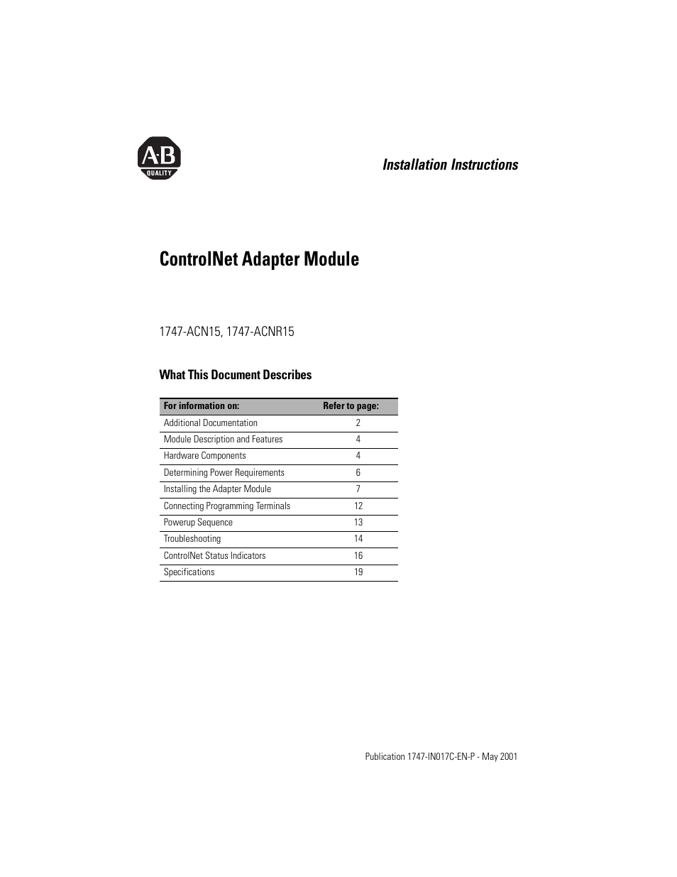 Rockwell Automation 1747-ACNR15 ControlNet Adapter Module Installation Instructions User Manual | 20 pages