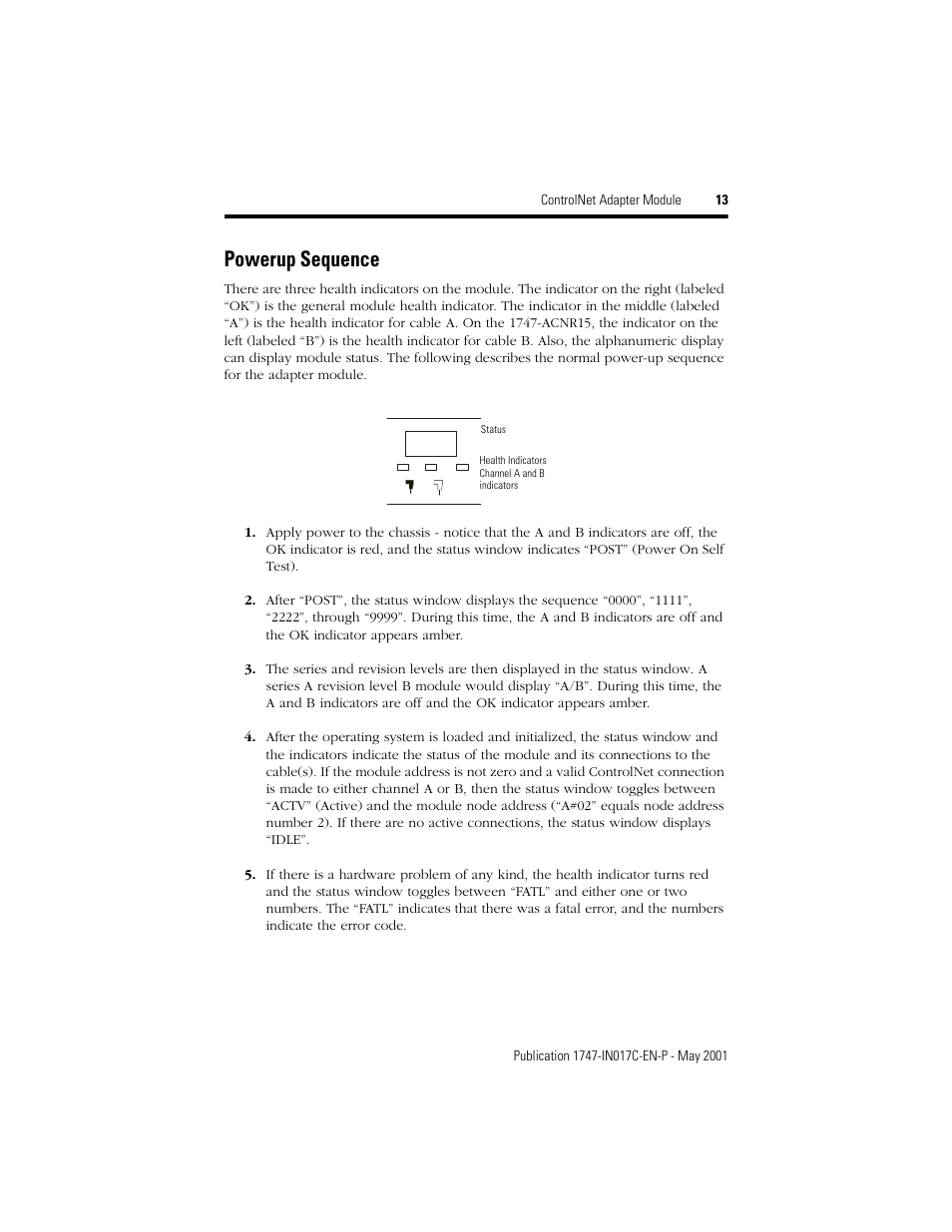 Powerup sequence | Rockwell Automation 1747-ACNR15 ControlNet Adapter Module Installation Instructions User Manual | Page 13 / 20