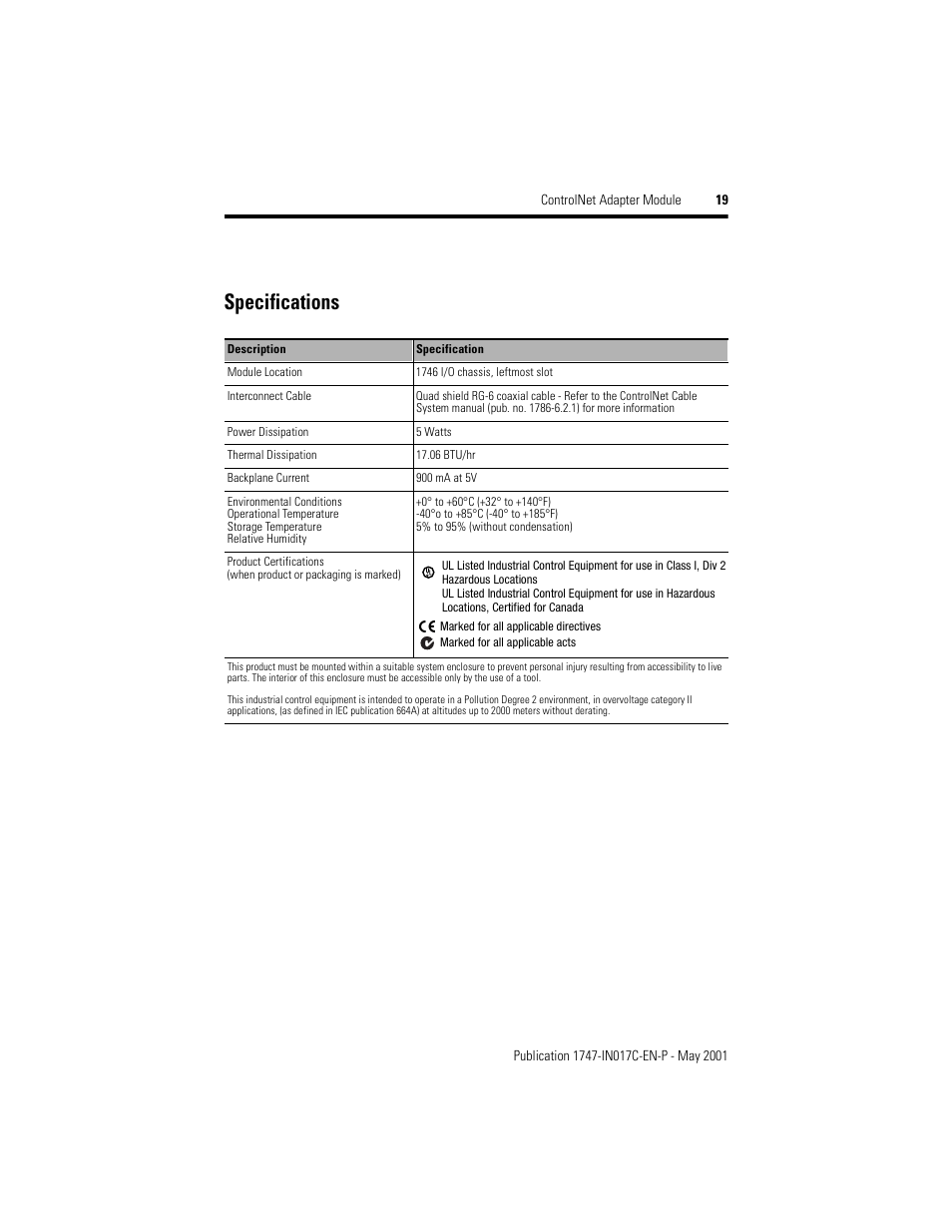 Specifications | Rockwell Automation 1747-ACNR15 ControlNet Adapter Module Installation Instructions User Manual | Page 19 / 20