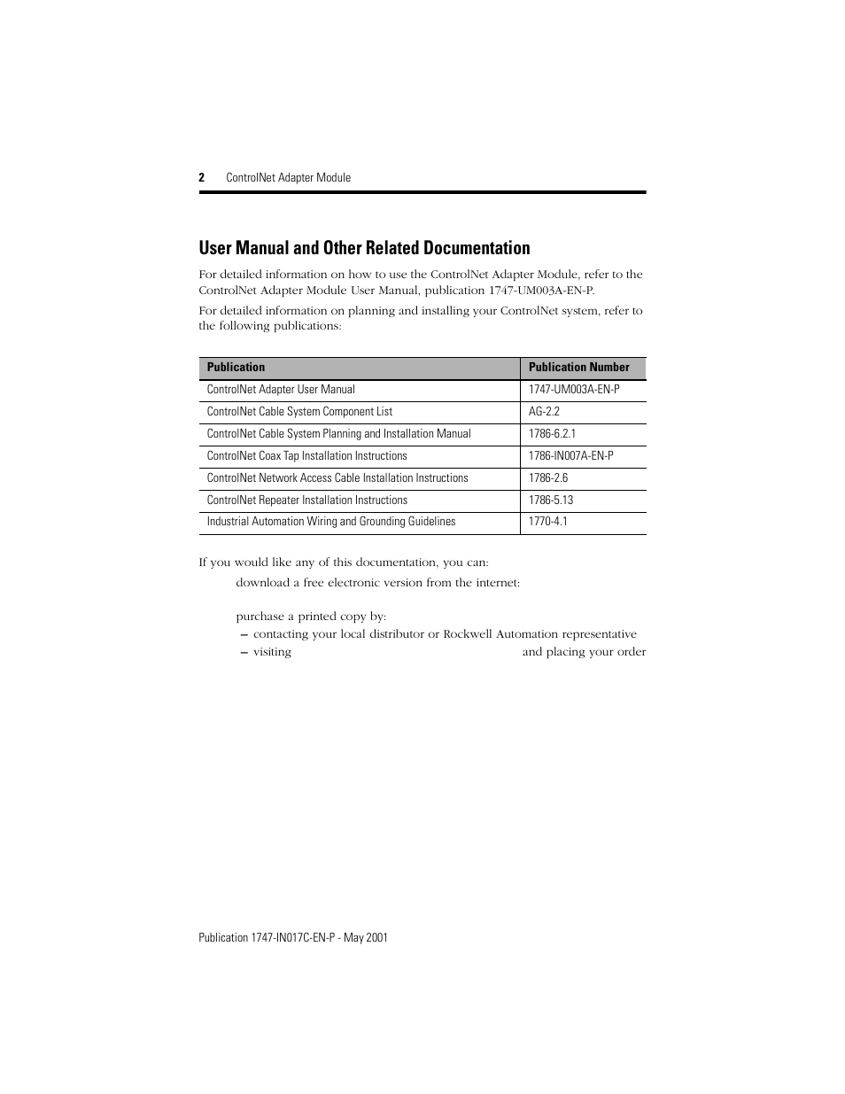 User manual and other related documentation | Rockwell Automation 1747-ACNR15 ControlNet Adapter Module Installation Instructions User Manual | Page 2 / 20