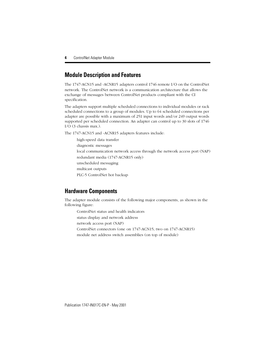 Module description and features, Hardware components | Rockwell Automation 1747-ACNR15 ControlNet Adapter Module Installation Instructions User Manual | Page 4 / 20