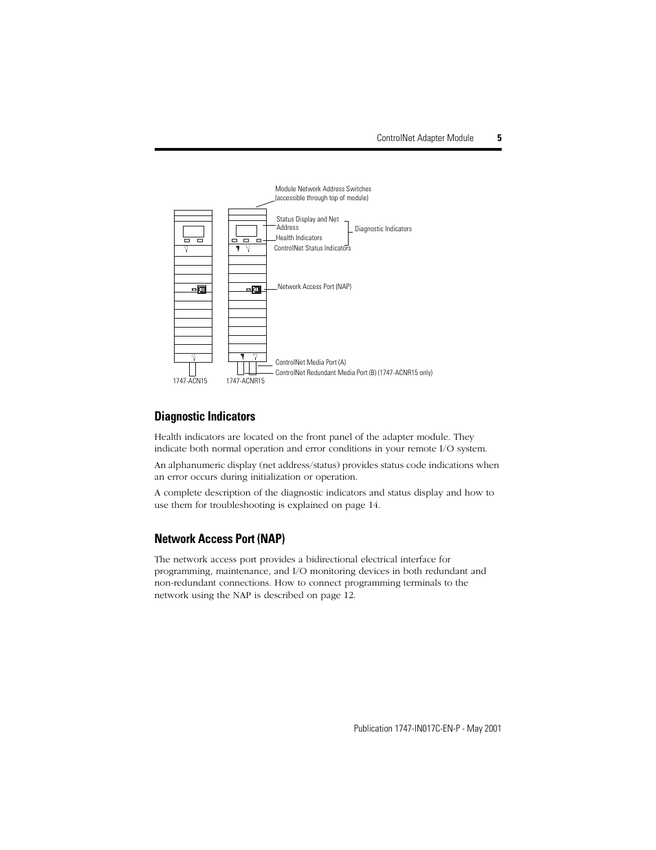 Diagnostic indicators, Network access port (nap) | Rockwell Automation 1747-ACNR15 ControlNet Adapter Module Installation Instructions User Manual | Page 5 / 20