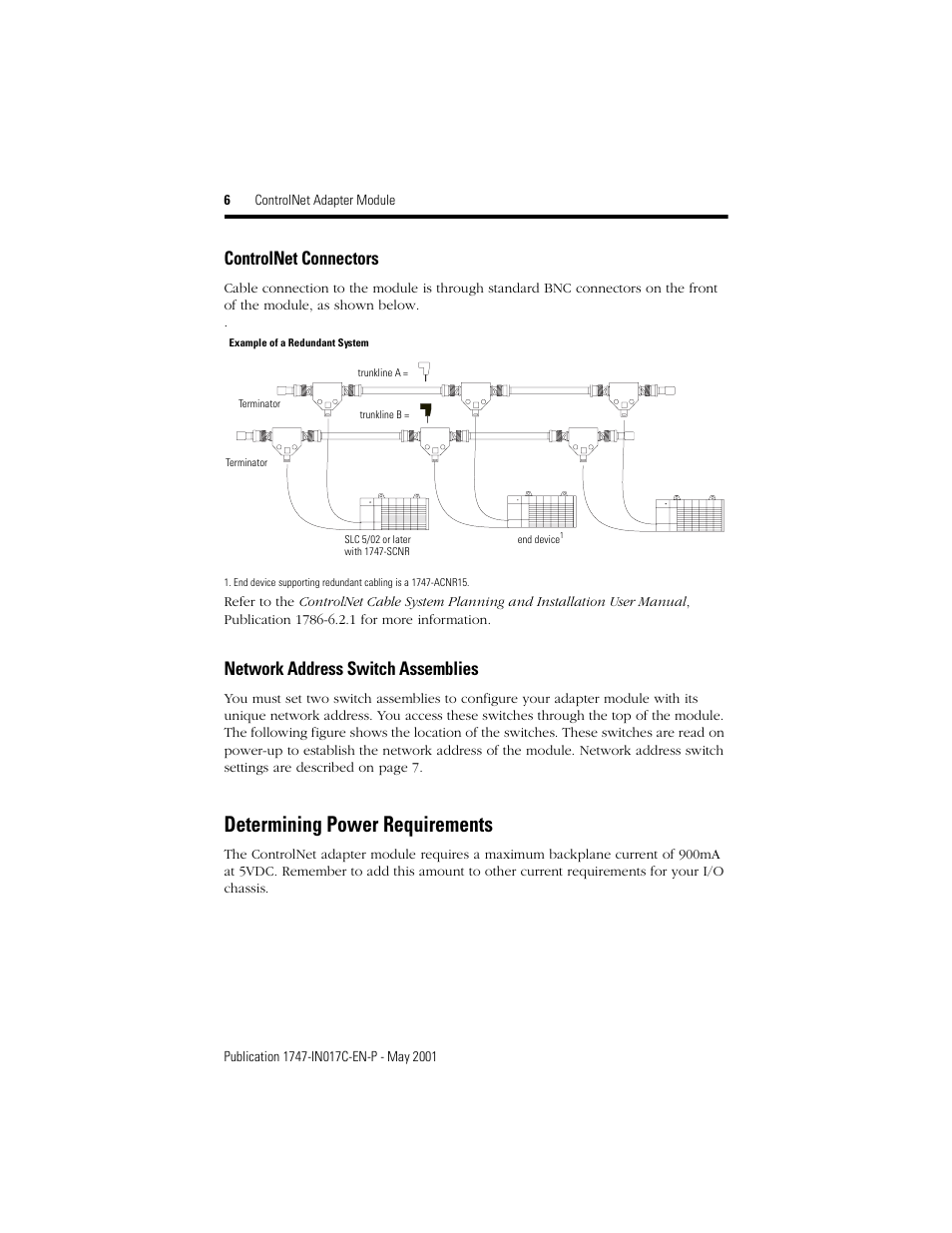 Determining power requirements, Controlnet connectors, Network address switch assemblies | Rockwell Automation 1747-ACNR15 ControlNet Adapter Module Installation Instructions User Manual | Page 6 / 20
