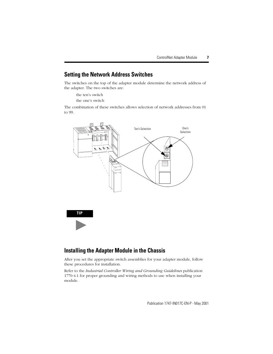 Setting the network address switches, Installing the adapter module in the chassis | Rockwell Automation 1747-ACNR15 ControlNet Adapter Module Installation Instructions User Manual | Page 7 / 20