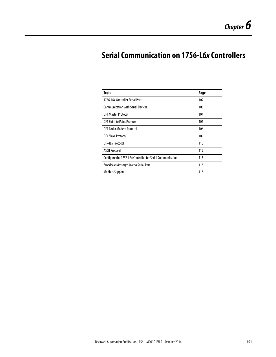 6 - serial communication on 1756-l6x controllers, Chapter 6, Serial communication on 1756-l6x controllers | Chapter | Rockwell Automation 1756-L6x_L7x ControlLogix System User Manual User Manual | Page 101 / 212