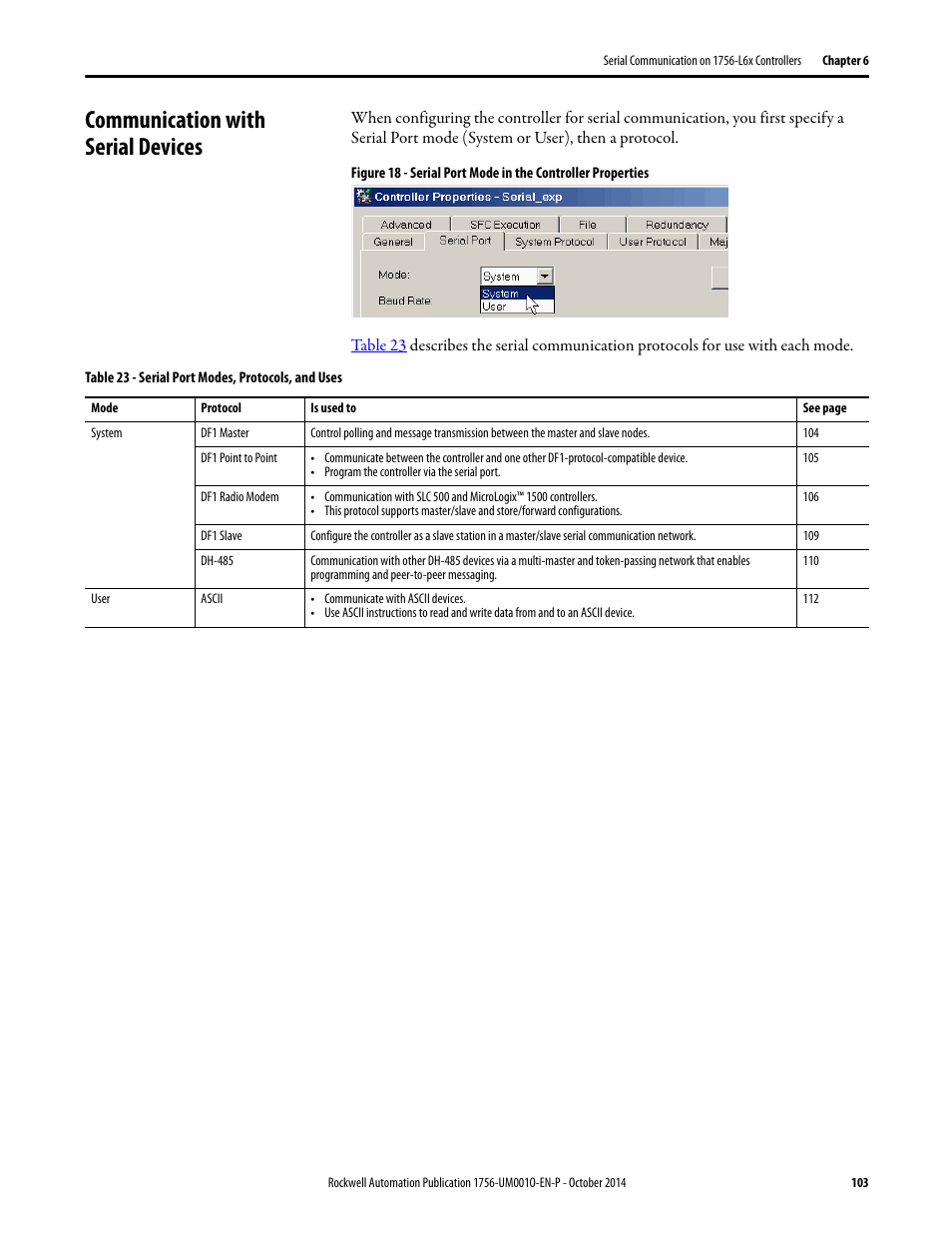 Communication with serial devices | Rockwell Automation 1756-L6x_L7x ControlLogix System User Manual User Manual | Page 103 / 212