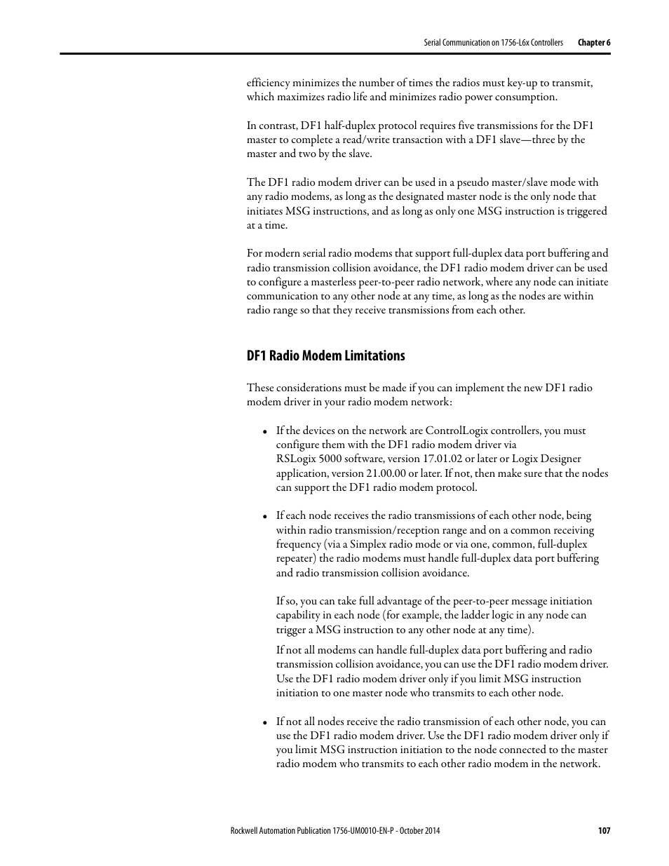 Df1 radio modem limitations | Rockwell Automation 1756-L6x_L7x ControlLogix System User Manual User Manual | Page 107 / 212