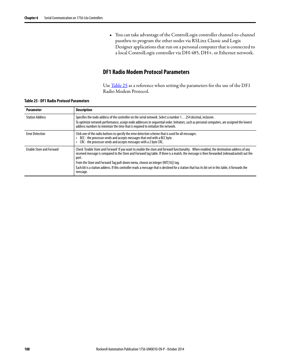 Df1 radio modem protocol parameters | Rockwell Automation 1756-L6x_L7x ControlLogix System User Manual User Manual | Page 108 / 212