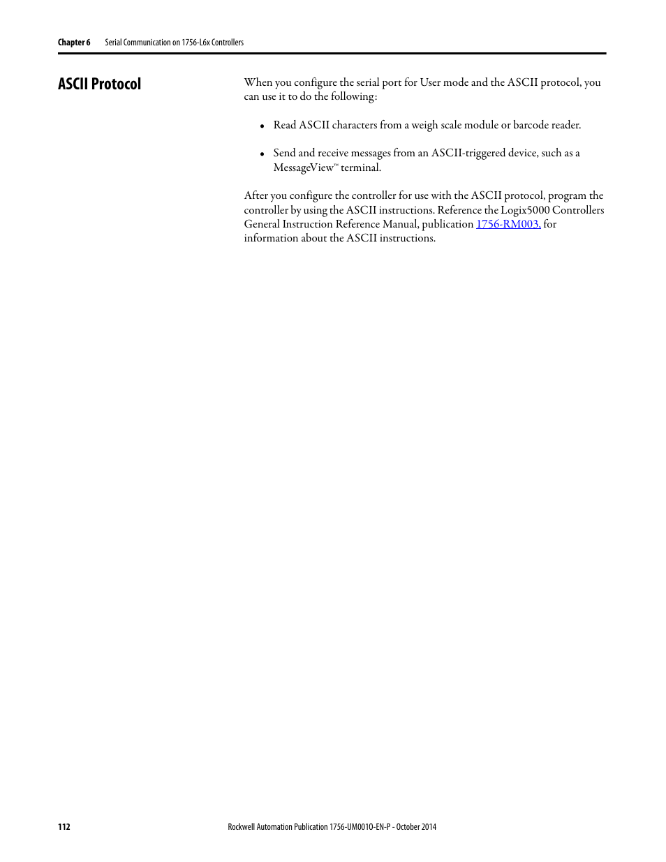 Ascii protocol | Rockwell Automation 1756-L6x_L7x ControlLogix System User Manual User Manual | Page 112 / 212