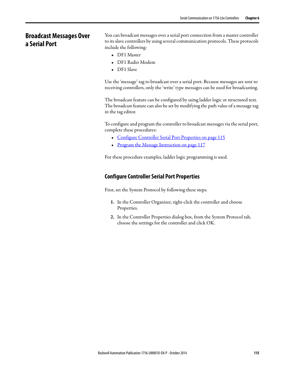 Broadcast messages over a serial port, Configure controller serial port properties | Rockwell Automation 1756-L6x_L7x ControlLogix System User Manual User Manual | Page 115 / 212