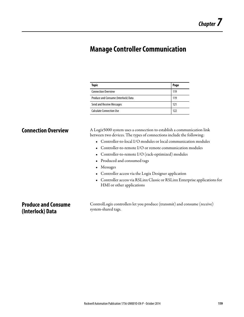 7 - manage controller communication, Connection overview, Produce and consume (interlock) data | Chapter 7, Manage controller communication, Chapter | Rockwell Automation 1756-L6x_L7x ControlLogix System User Manual User Manual | Page 119 / 212