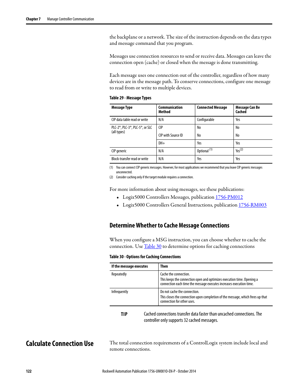 Determine whether to cache message connections, Calculate connection use | Rockwell Automation 1756-L6x_L7x ControlLogix System User Manual User Manual | Page 122 / 212