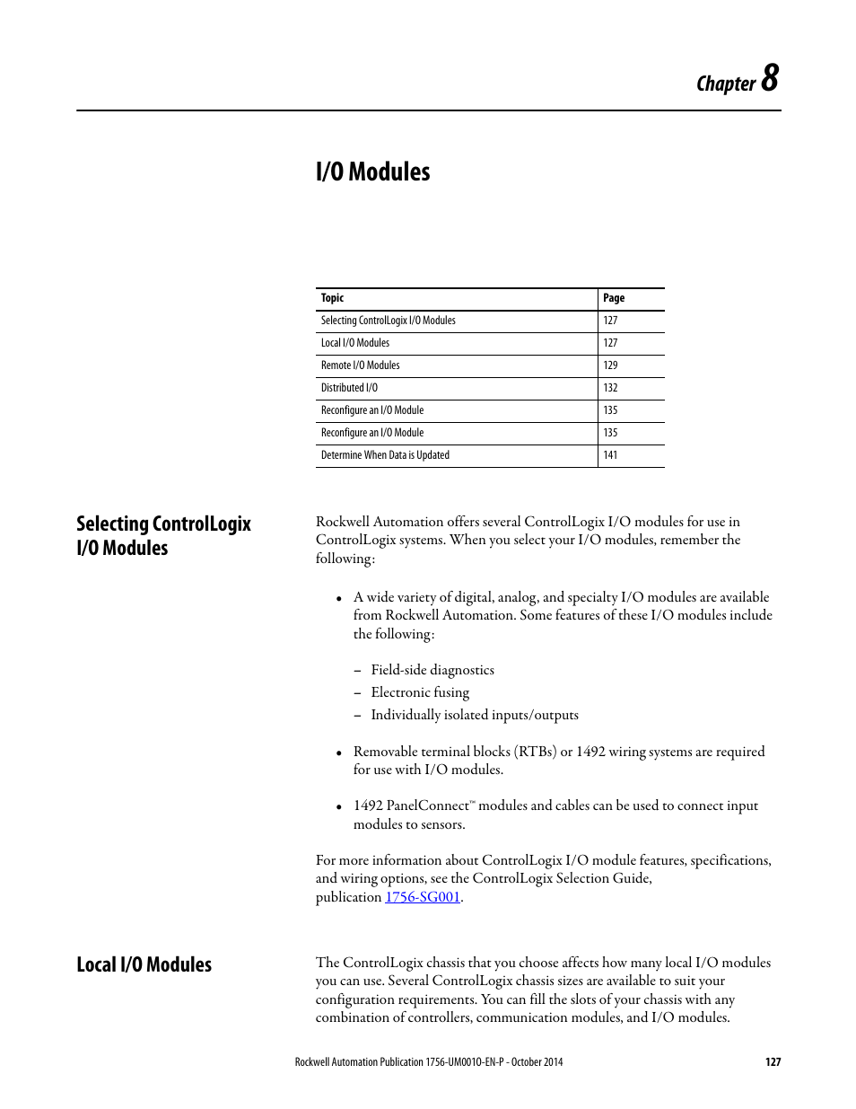 8 - i/o modules, Selecting controllogix i/o modules, Local i/o modules | Chapter 8, I/o modules, Chapter | Rockwell Automation 1756-L6x_L7x ControlLogix System User Manual User Manual | Page 127 / 212