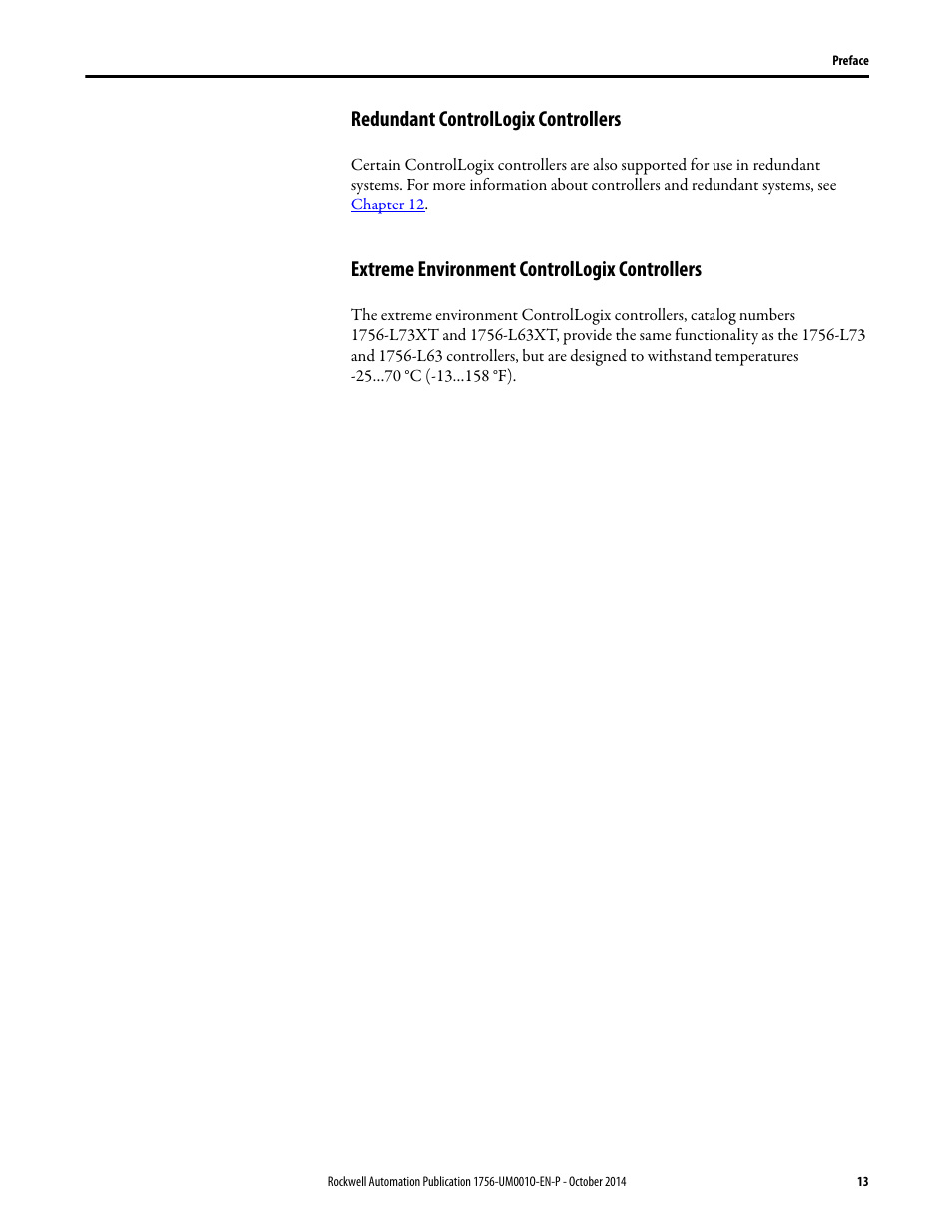 Redundant controllogix controllers, Extreme environment controllogix controllers | Rockwell Automation 1756-L6x_L7x ControlLogix System User Manual User Manual | Page 13 / 212