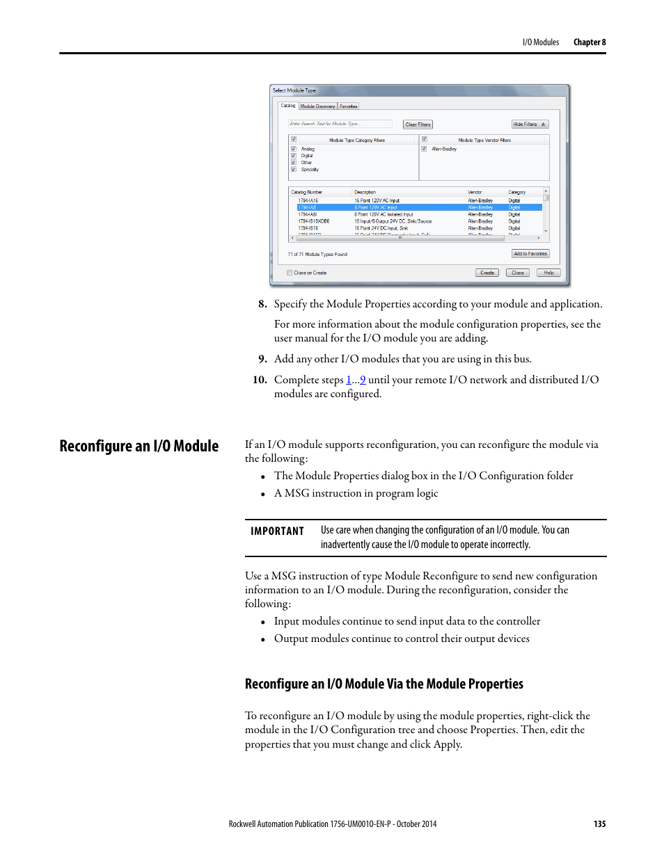 Reconfigure an i/o module | Rockwell Automation 1756-L6x_L7x ControlLogix System User Manual User Manual | Page 135 / 212