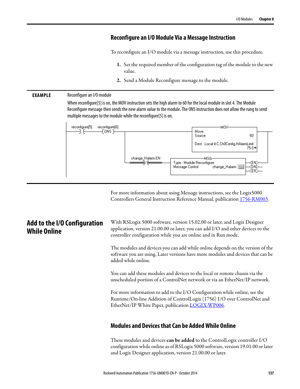 Add to the i/o configuration while online, Modules and devices that can be added while online | Rockwell Automation 1756-L6x_L7x ControlLogix System User Manual User Manual | Page 137 / 212