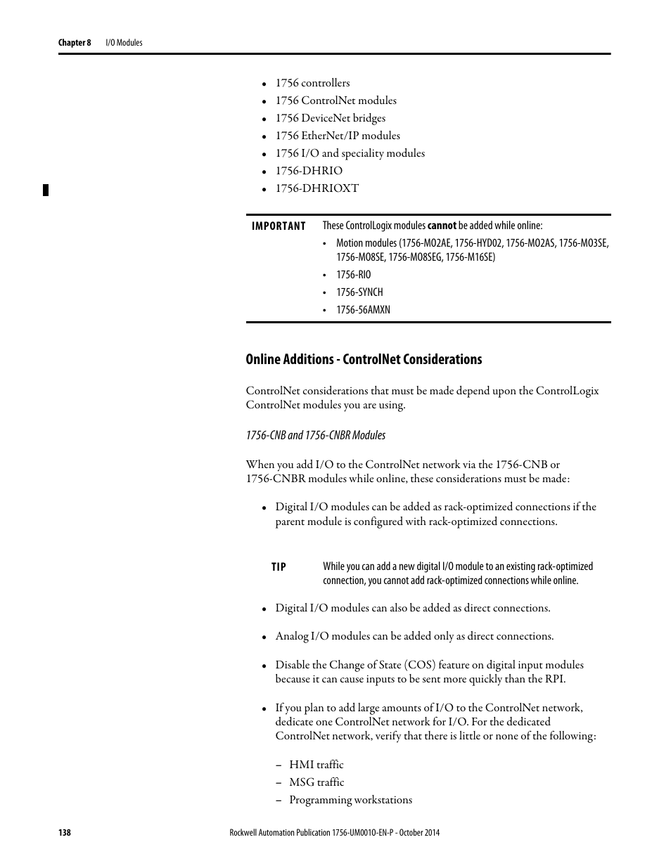 Online additions - controlnet considerations | Rockwell Automation 1756-L6x_L7x ControlLogix System User Manual User Manual | Page 138 / 212