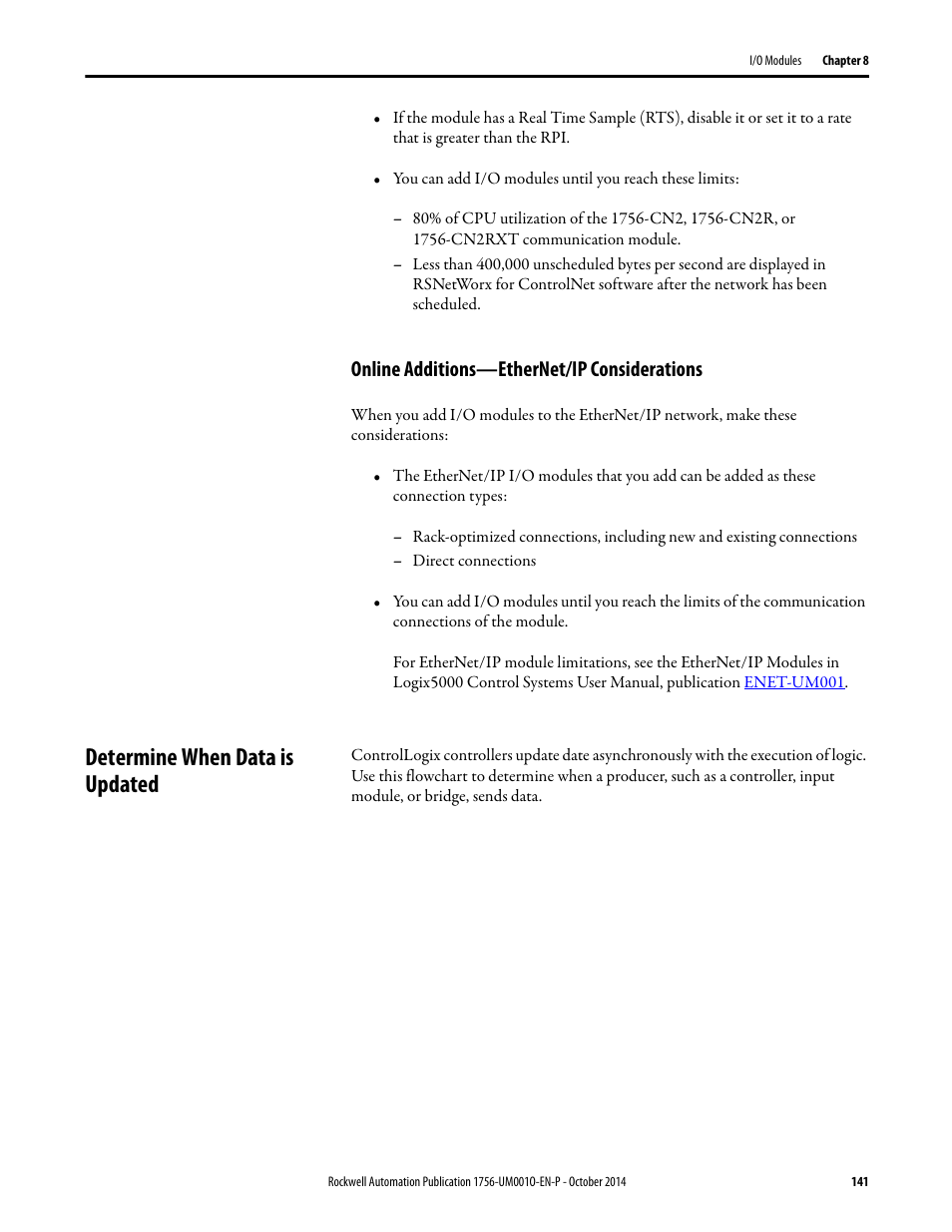 Online additions—ethernet/ip considerations, Determine when data is updated | Rockwell Automation 1756-L6x_L7x ControlLogix System User Manual User Manual | Page 141 / 212