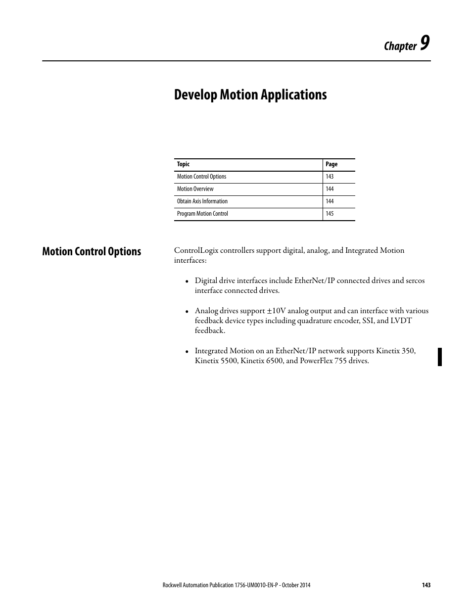 9 - develop motion applications, Motion control options, Chapter 9 | Develop motion applications, Chapter | Rockwell Automation 1756-L6x_L7x ControlLogix System User Manual User Manual | Page 143 / 212