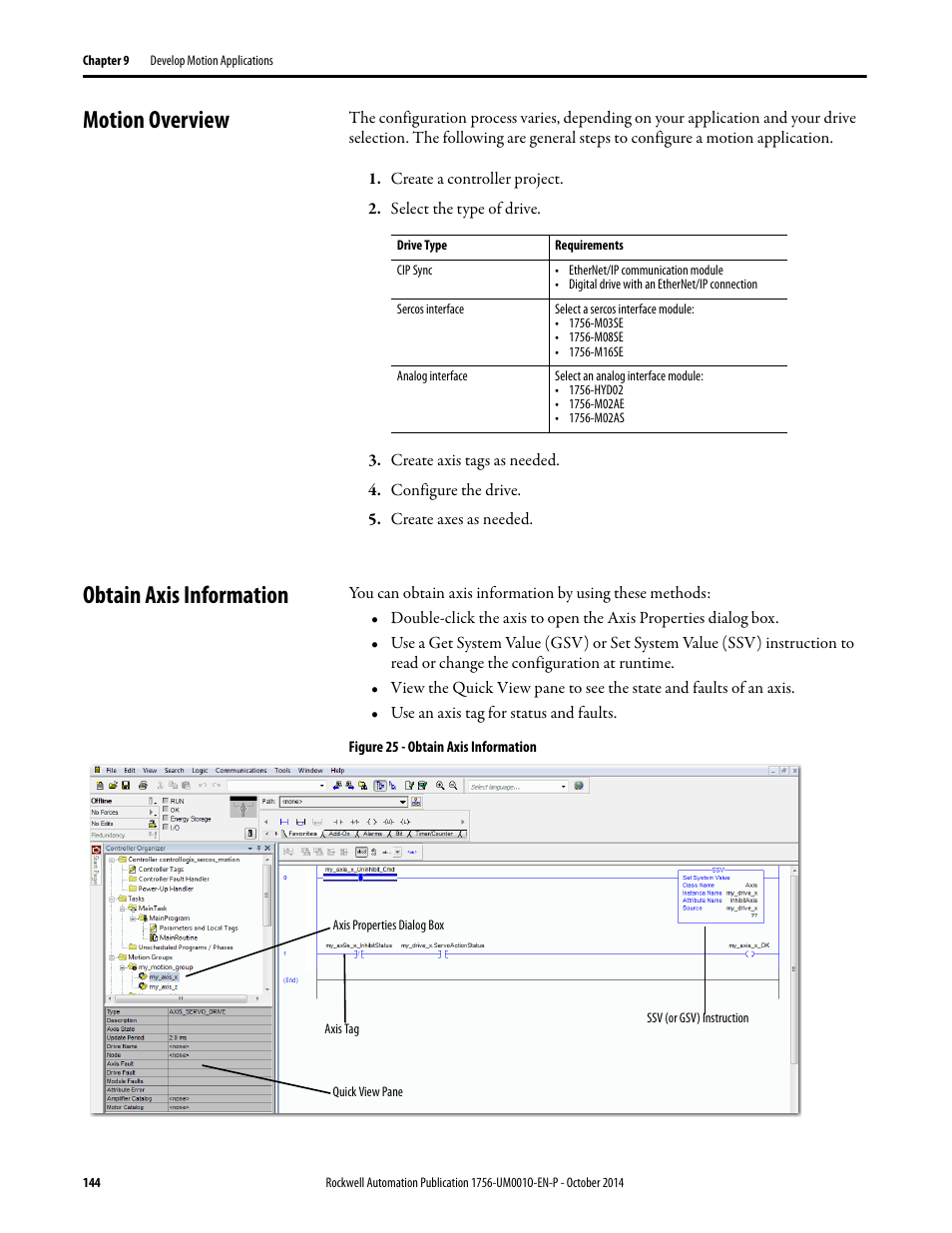 Motion overview, Obtain axis information, Motion overview obtain axis information | Rockwell Automation 1756-L6x_L7x ControlLogix System User Manual User Manual | Page 144 / 212