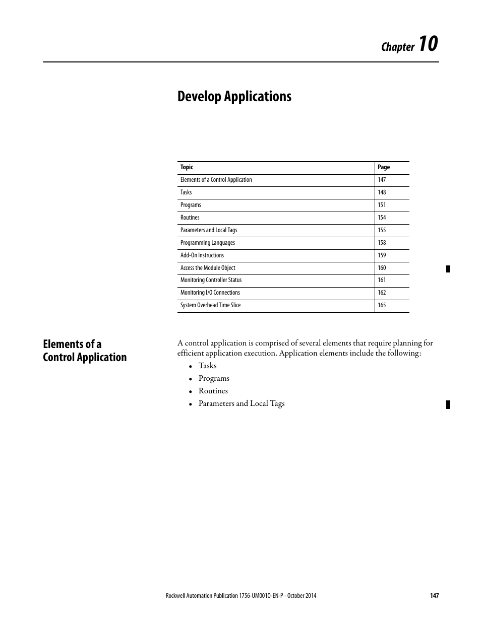 10 - develop applications, Elements of a control application, Chapter 10 | Develop applications, Chapter | Rockwell Automation 1756-L6x_L7x ControlLogix System User Manual User Manual | Page 147 / 212