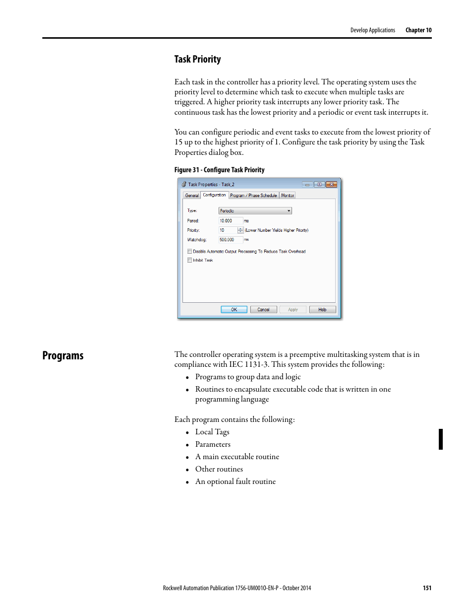 Task priority, Programs | Rockwell Automation 1756-L6x_L7x ControlLogix System User Manual User Manual | Page 151 / 212