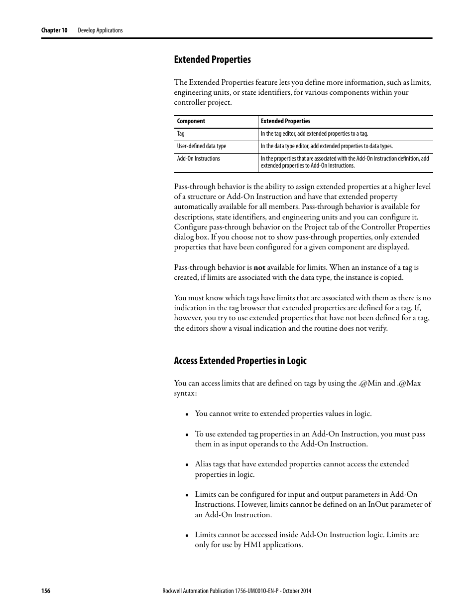 Extended properties, Access extended properties in logic | Rockwell Automation 1756-L6x_L7x ControlLogix System User Manual User Manual | Page 156 / 212