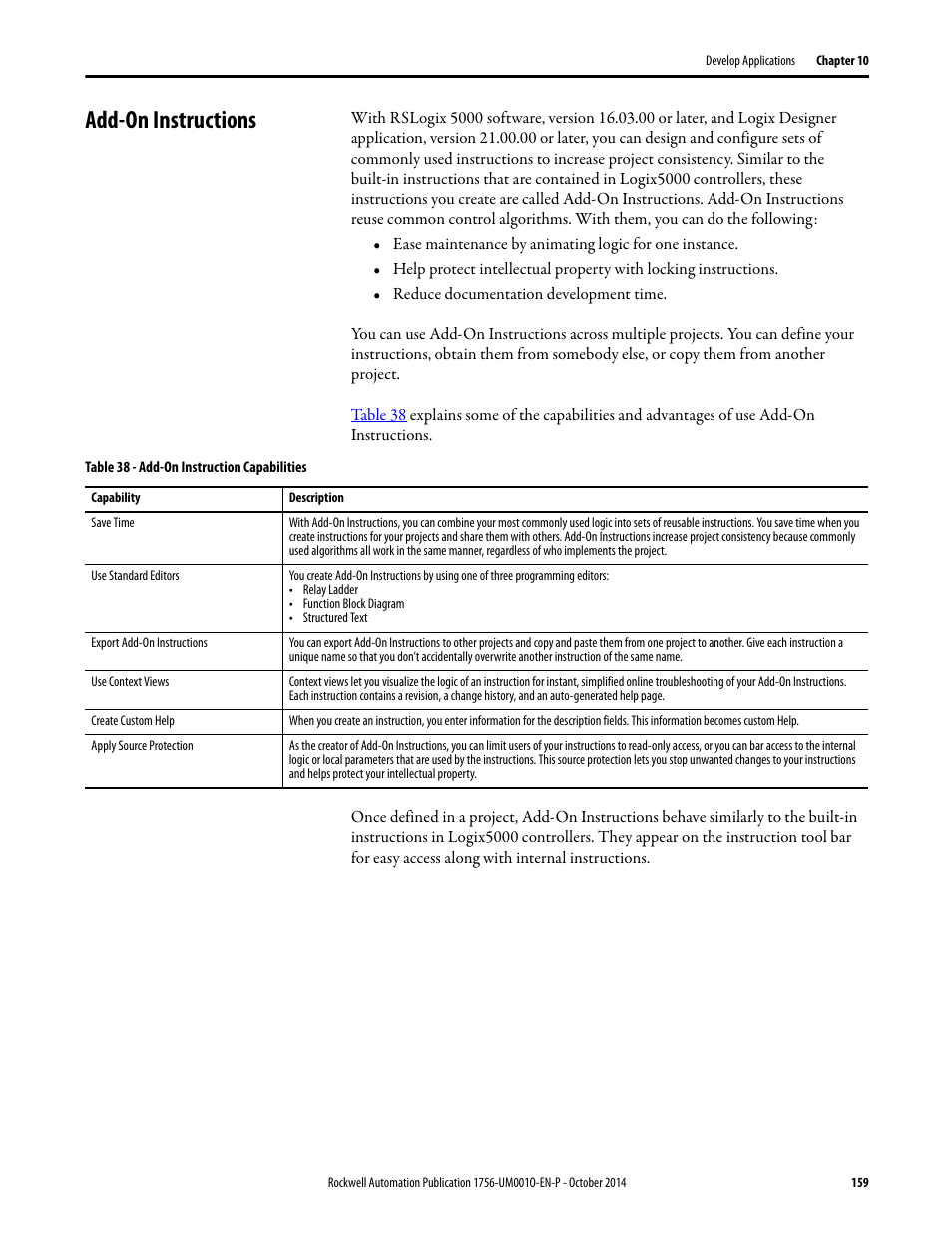 Add-on instructions | Rockwell Automation 1756-L6x_L7x ControlLogix System User Manual User Manual | Page 159 / 212