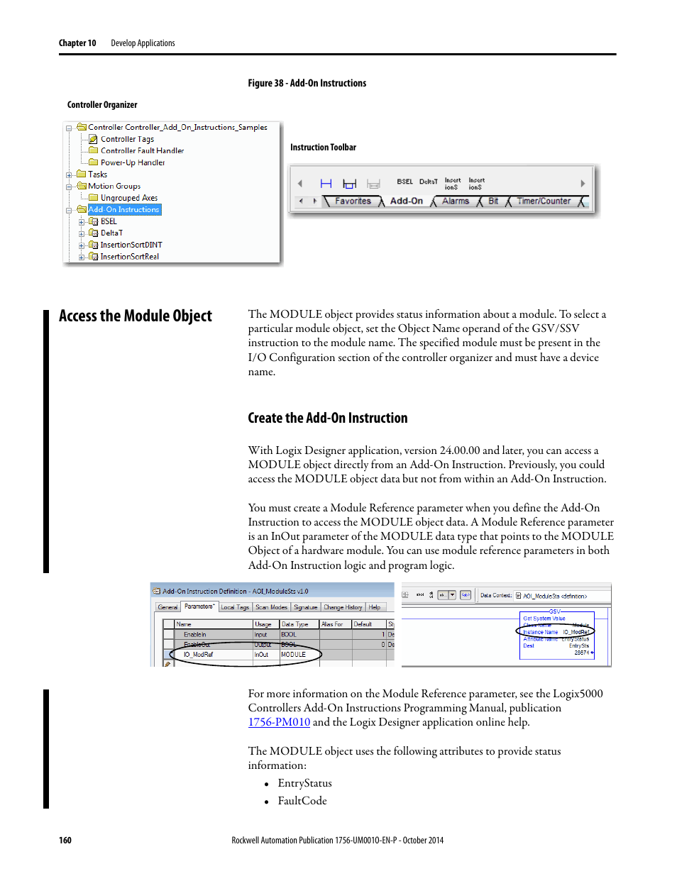 Access the module object, Create the add-on instruction | Rockwell Automation 1756-L6x_L7x ControlLogix System User Manual User Manual | Page 160 / 212