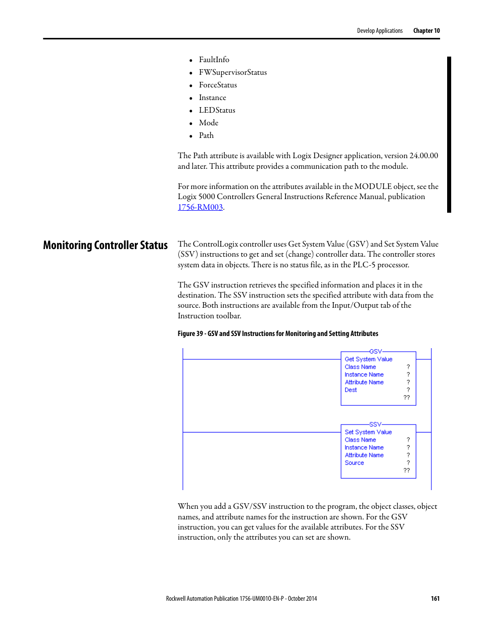 Monitoring controller status | Rockwell Automation 1756-L6x_L7x ControlLogix System User Manual User Manual | Page 161 / 212