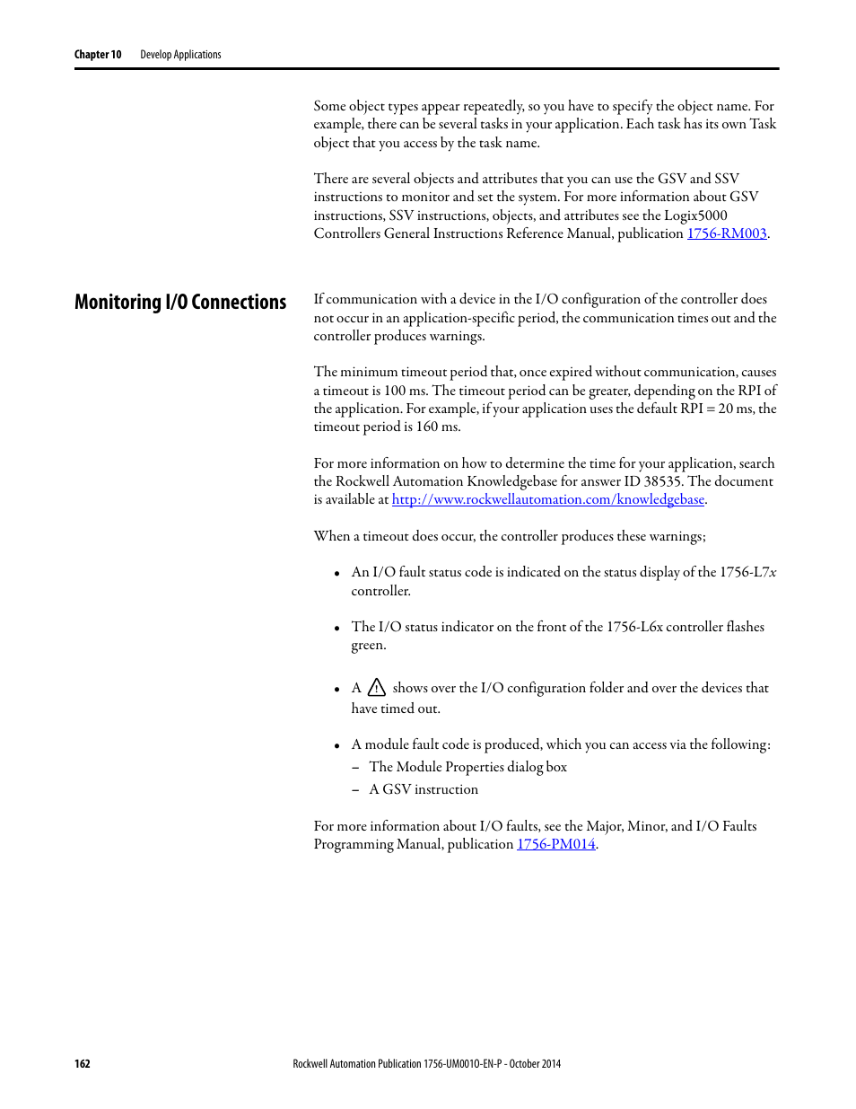 Monitoring i/o connections | Rockwell Automation 1756-L6x_L7x ControlLogix System User Manual User Manual | Page 162 / 212