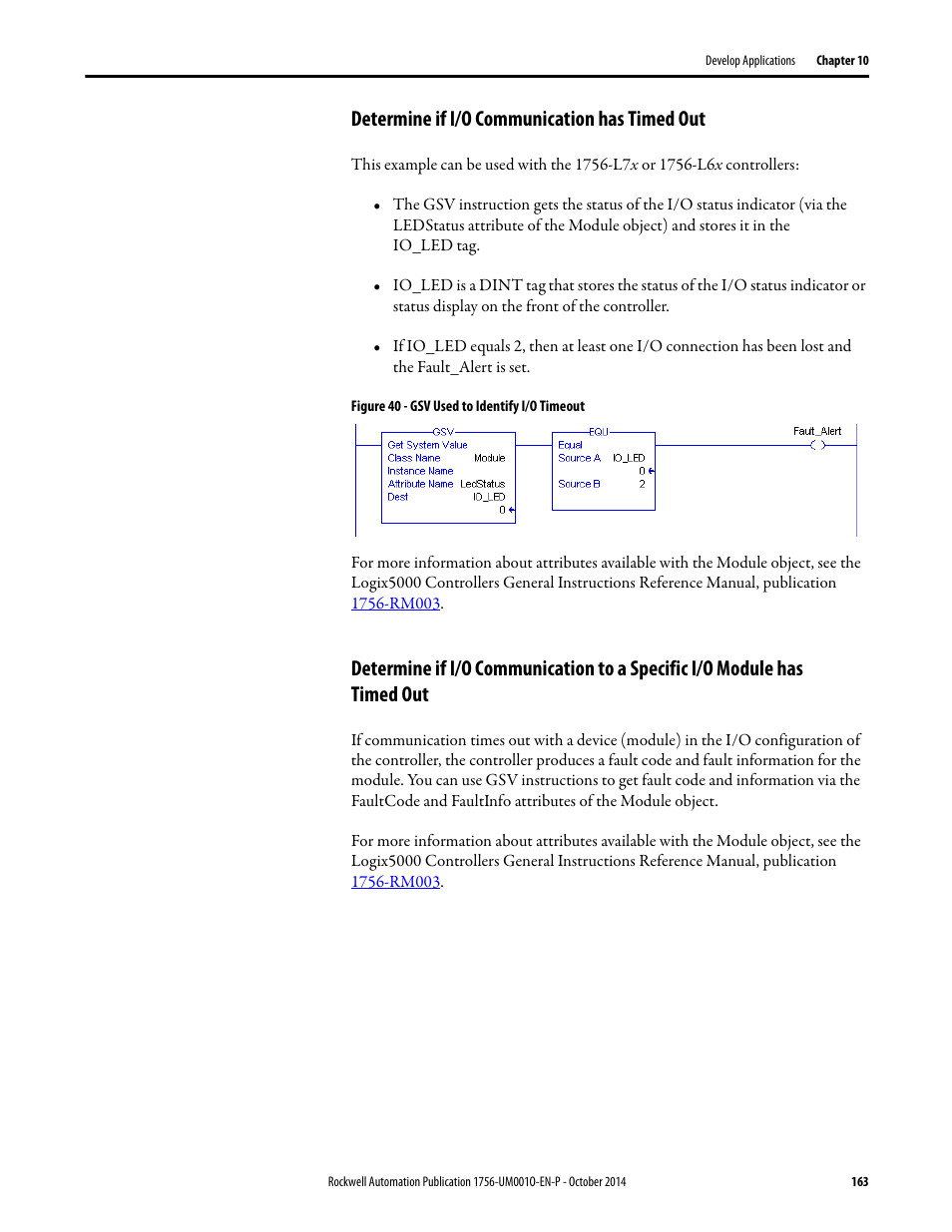Determine if i/o communication has timed out | Rockwell Automation 1756-L6x_L7x ControlLogix System User Manual User Manual | Page 163 / 212