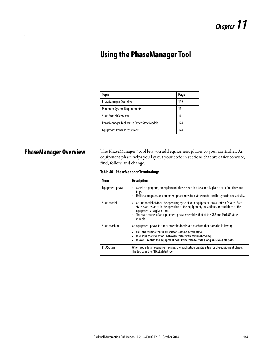 11 - using the phasemanager tool, Phasemanager overview, Chapter 11 | Using the phasemanager tool, Chapter | Rockwell Automation 1756-L6x_L7x ControlLogix System User Manual User Manual | Page 169 / 212