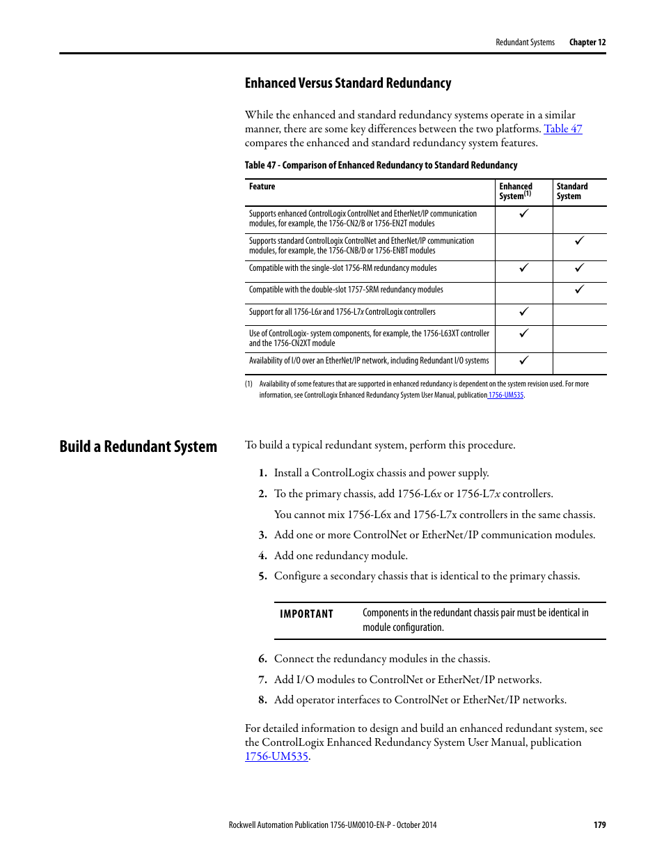 Enhanced versus standard redundancy, Build a redundant system | Rockwell Automation 1756-L6x_L7x ControlLogix System User Manual User Manual | Page 179 / 212