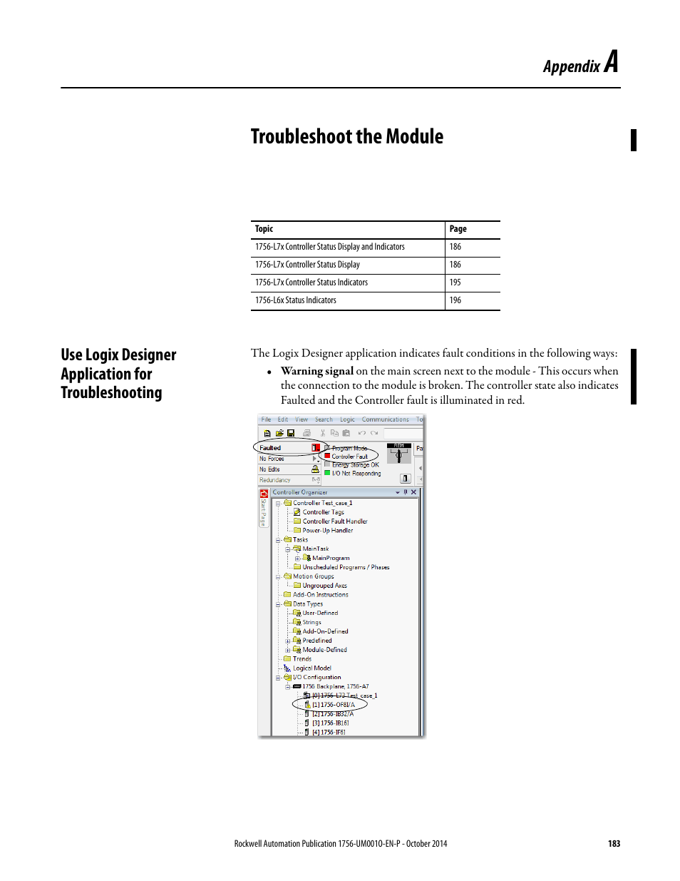 A - troubleshoot the module, Use logix designer application for troubleshooting, Appendix a | Troubleshoot the module, Appendix | Rockwell Automation 1756-L6x_L7x ControlLogix System User Manual User Manual | Page 183 / 212
