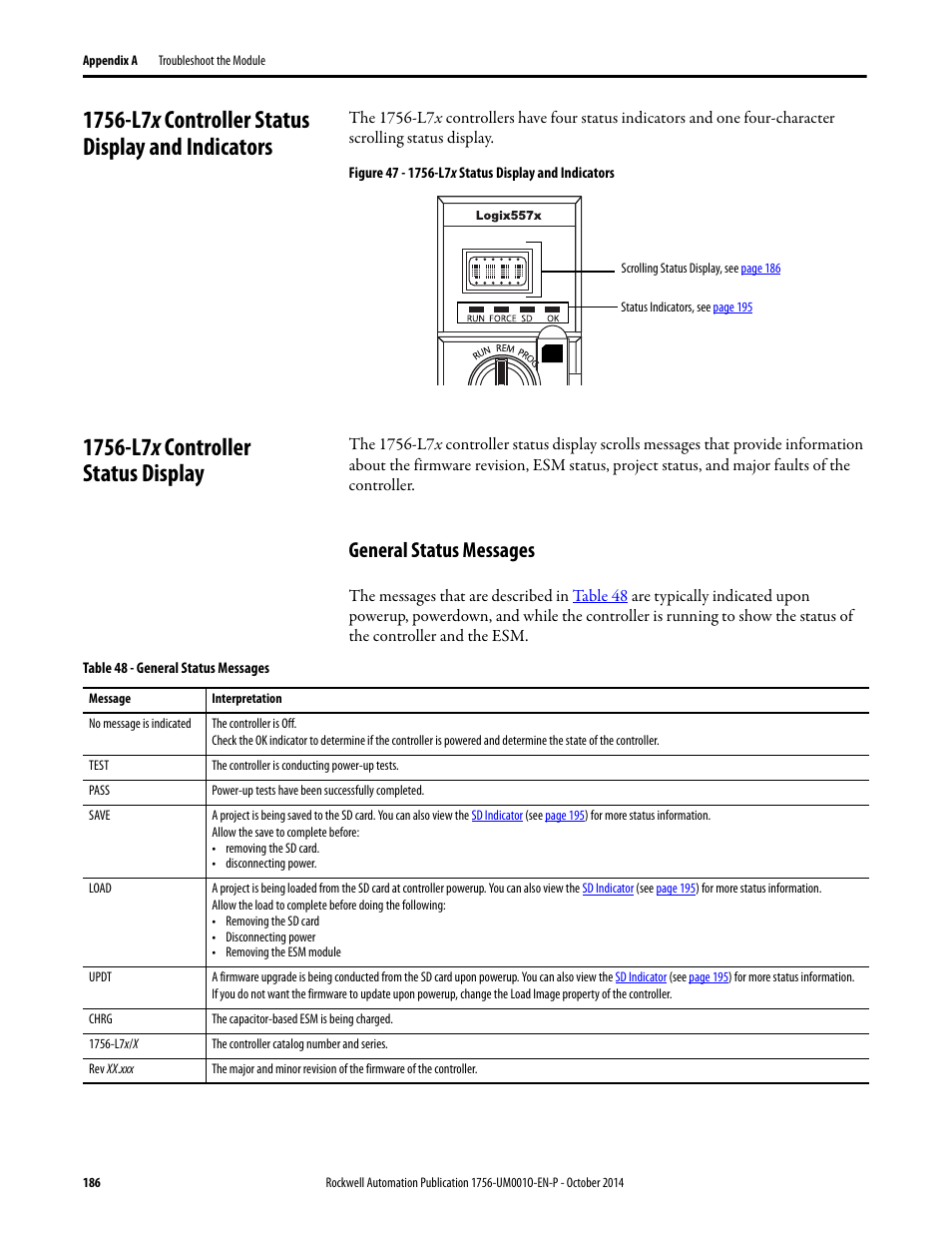 1756-l7x controller status display and indicators, 1756-l7x controller status display, General status messages | Rockwell Automation 1756-L6x_L7x ControlLogix System User Manual User Manual | Page 186 / 212