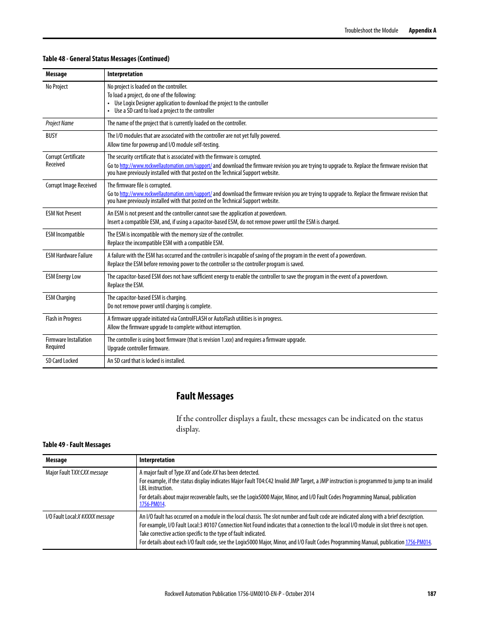 Fault messages | Rockwell Automation 1756-L6x_L7x ControlLogix System User Manual User Manual | Page 187 / 212