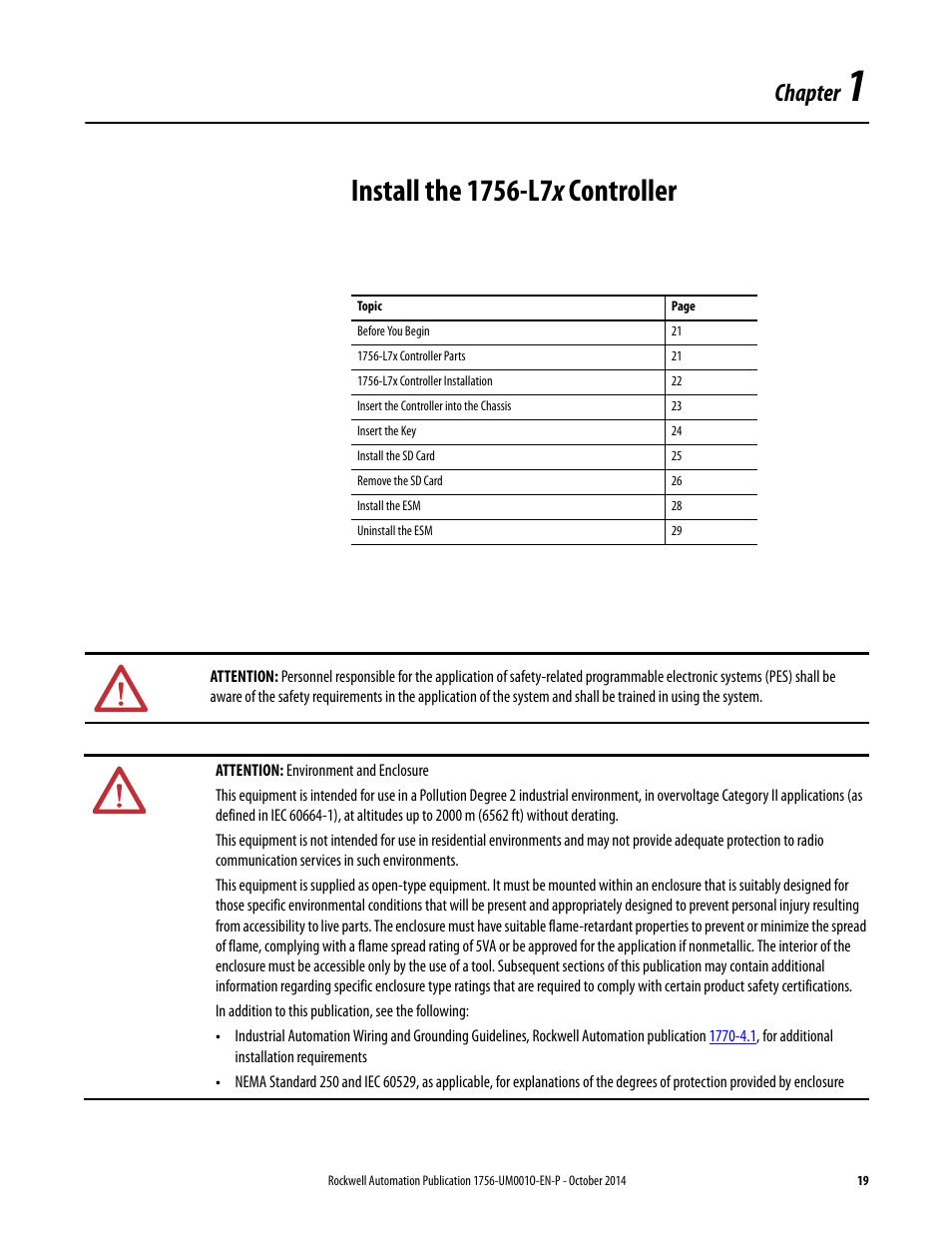1 - install the 1756-l7x controller, Chapter 1, Install the 1756-l7x controller | Chapter | Rockwell Automation 1756-L6x_L7x ControlLogix System User Manual User Manual | Page 19 / 212