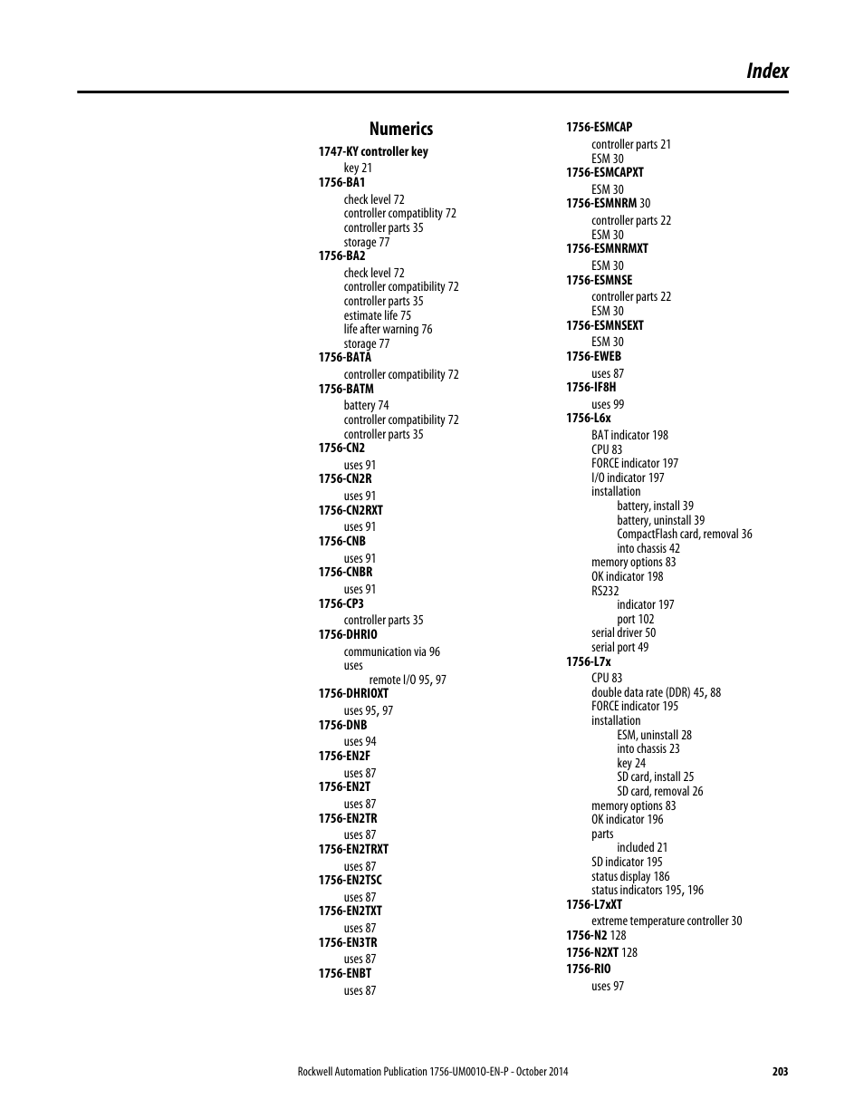 Index, Numerics | Rockwell Automation 1756-L6x_L7x ControlLogix System User Manual User Manual | Page 203 / 212