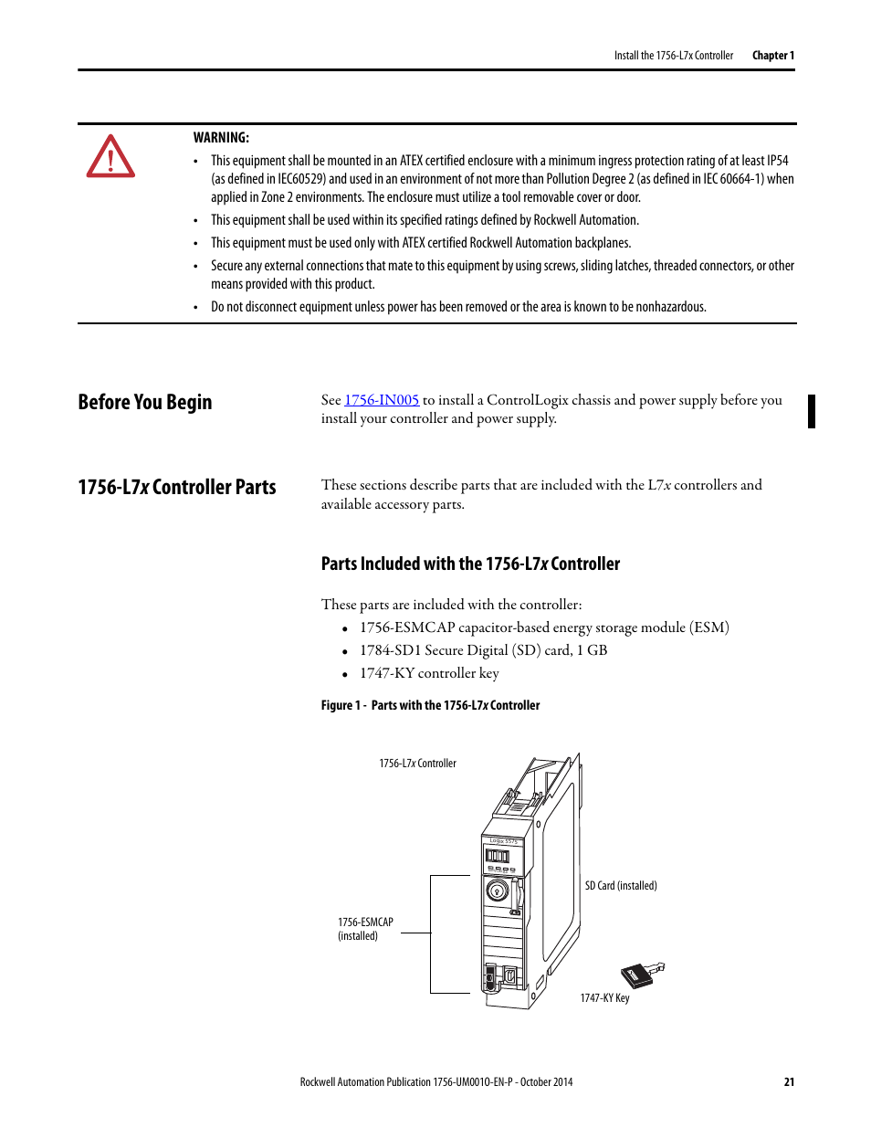 Before you begin, 1756-l7x controller parts, Parts included with the 1756-l7x controller | Before you begin 1756-l7x controller parts | Rockwell Automation 1756-L6x_L7x ControlLogix System User Manual User Manual | Page 21 / 212