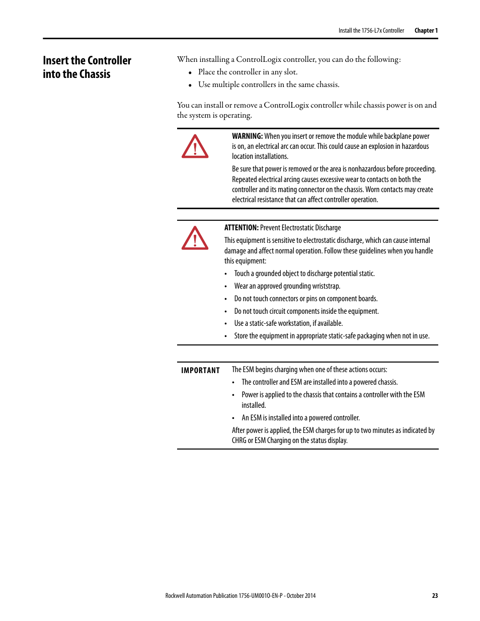 Insert the controller into the chassis | Rockwell Automation 1756-L6x_L7x ControlLogix System User Manual User Manual | Page 23 / 212