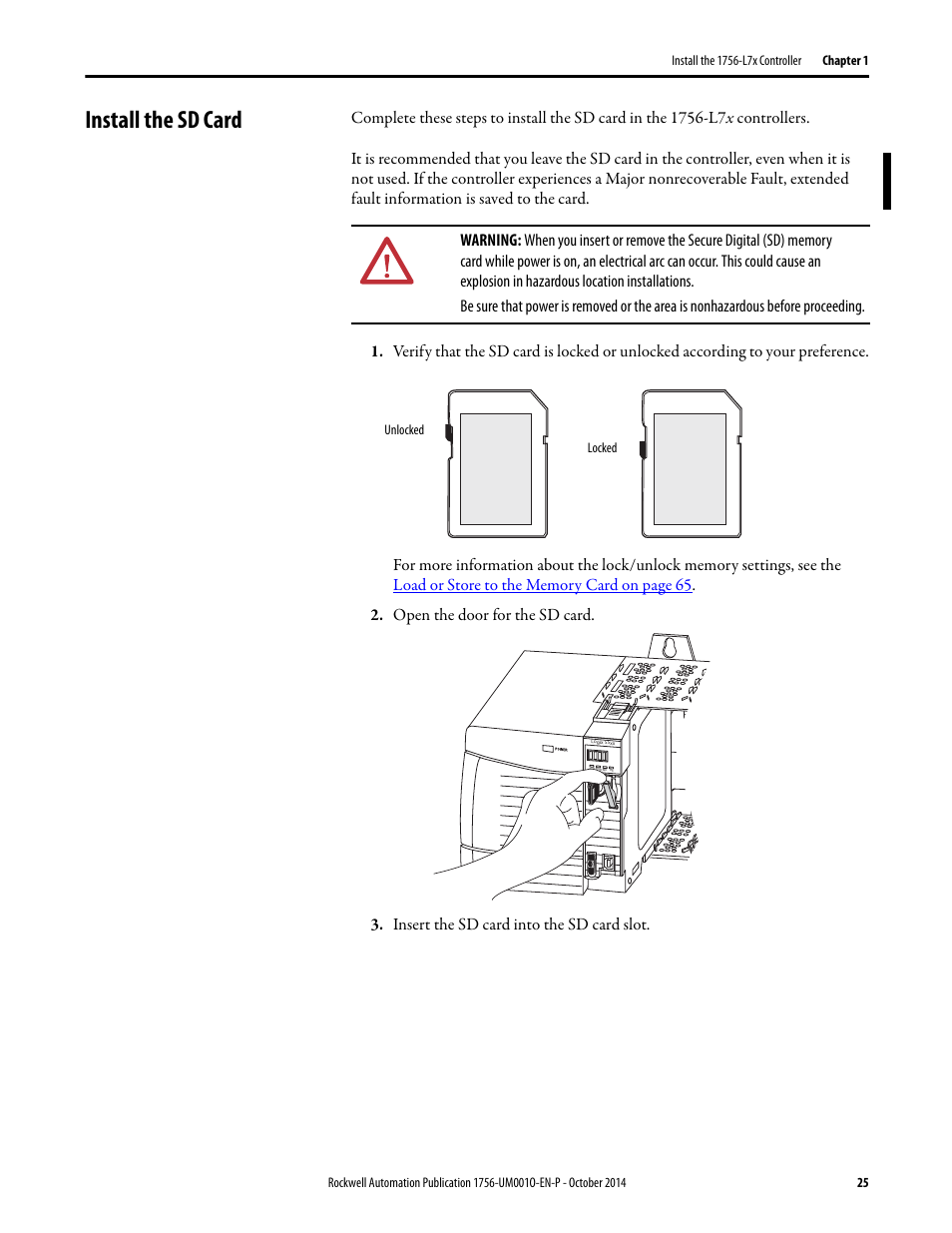 Install the sd card | Rockwell Automation 1756-L6x_L7x ControlLogix System User Manual User Manual | Page 25 / 212