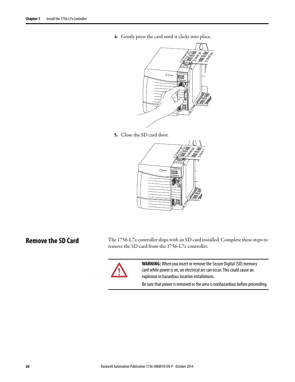 Remove the sd card | Rockwell Automation 1756-L6x_L7x ControlLogix System User Manual User Manual | Page 26 / 212