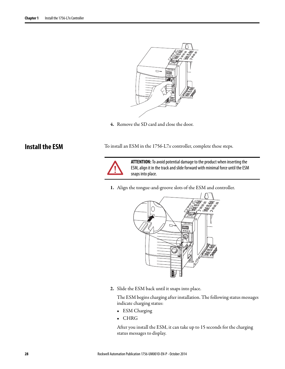 Install the esm | Rockwell Automation 1756-L6x_L7x ControlLogix System User Manual User Manual | Page 28 / 212