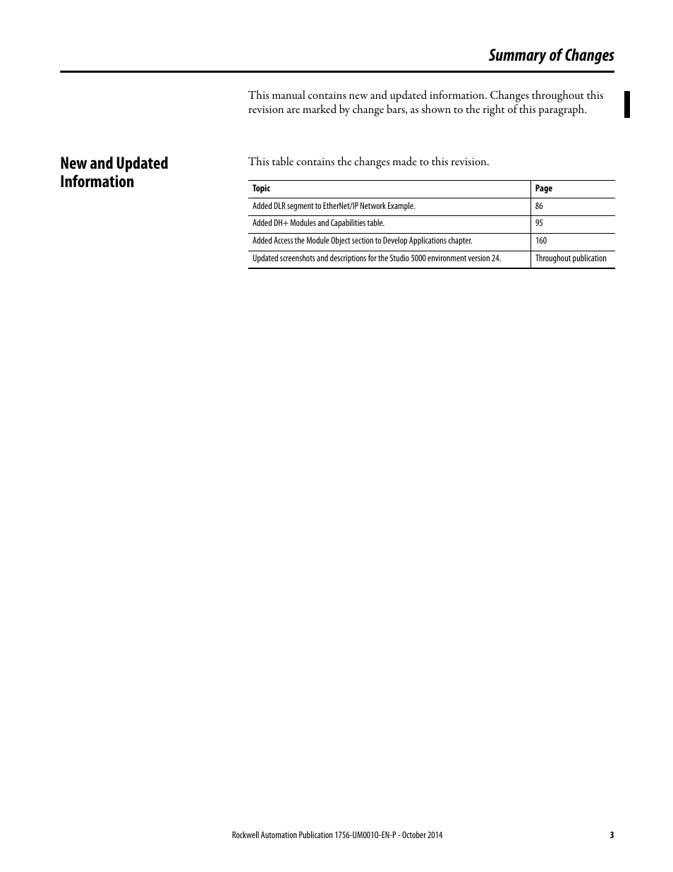 Summary of changes, New and updated information | Rockwell Automation 1756-L6x_L7x ControlLogix System User Manual User Manual | Page 3 / 212