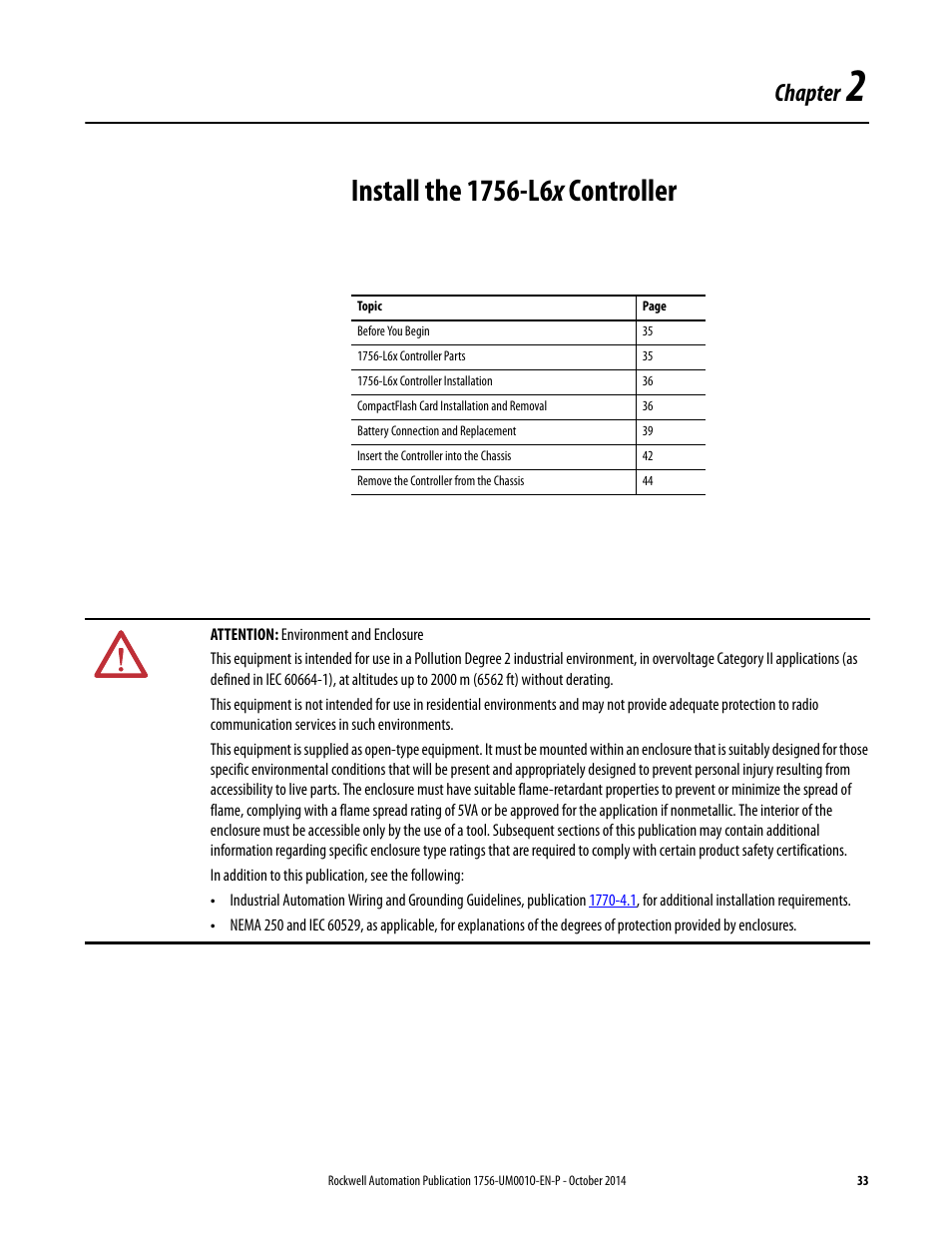 2 - install the 1756-l6x controller, Chapter 2, Install the 1756-l6x controller | Chapter | Rockwell Automation 1756-L6x_L7x ControlLogix System User Manual User Manual | Page 33 / 212