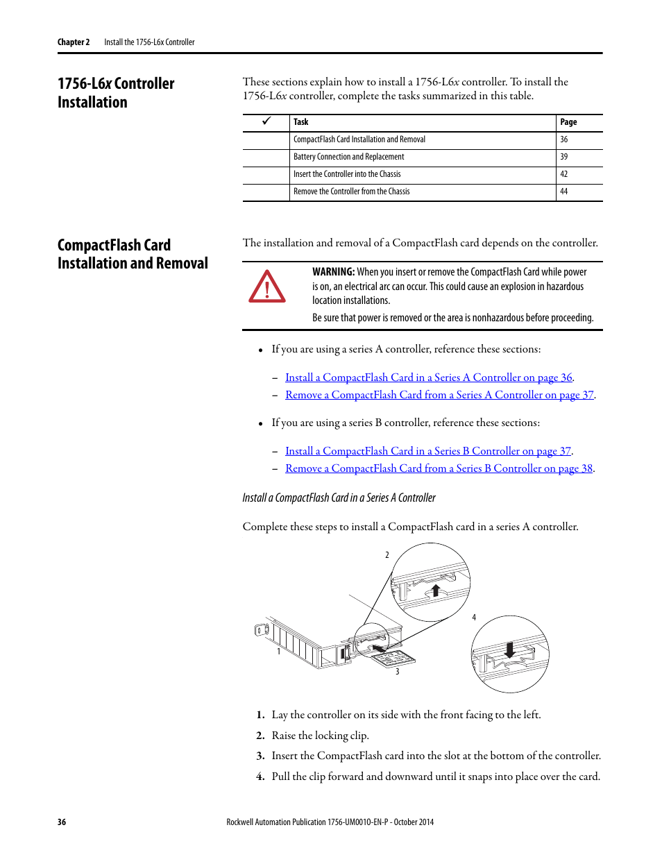 1756-l6x controller installation, Compactflash card installation and removal | Rockwell Automation 1756-L6x_L7x ControlLogix System User Manual User Manual | Page 36 / 212