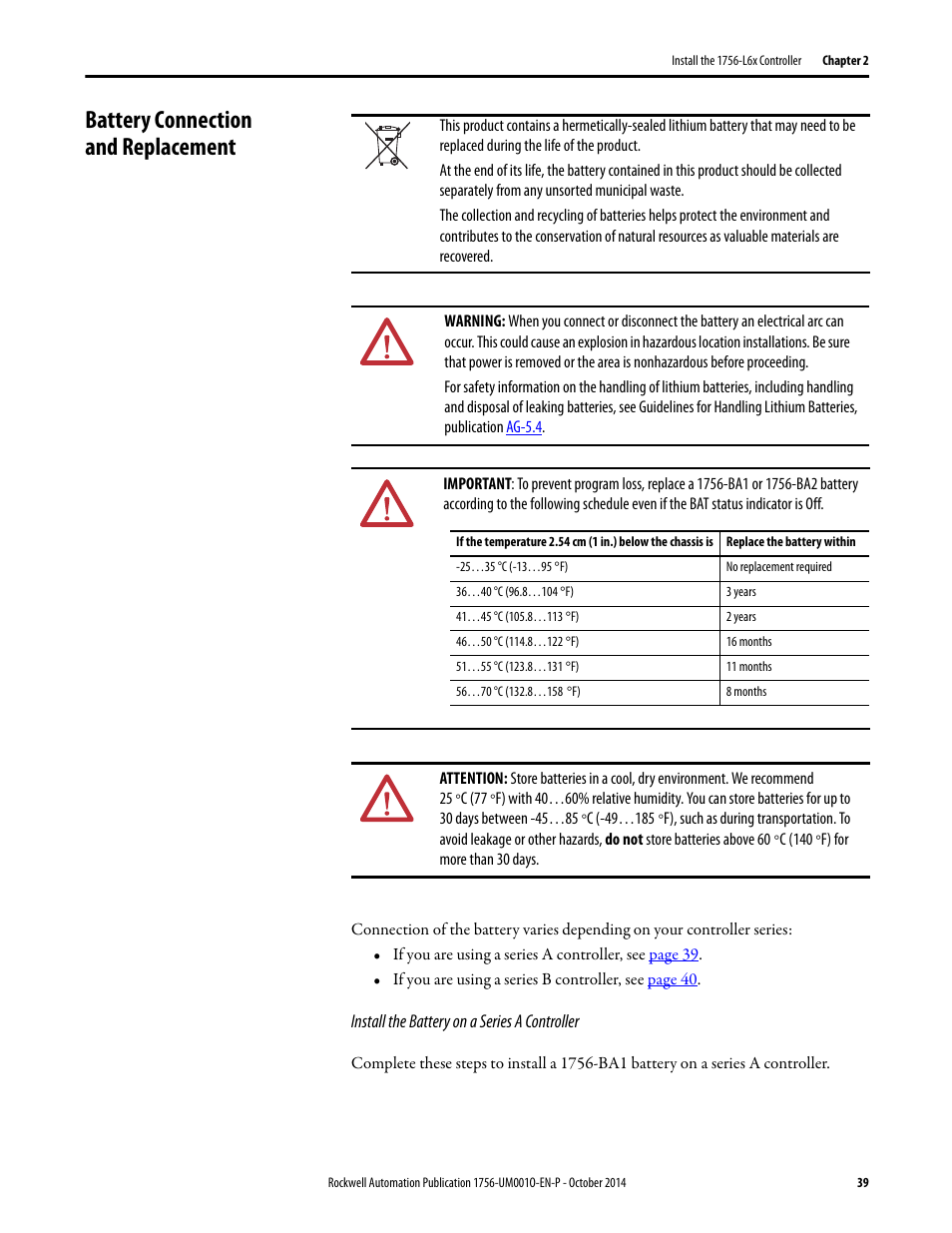 Battery connection and replacement | Rockwell Automation 1756-L6x_L7x ControlLogix System User Manual User Manual | Page 39 / 212