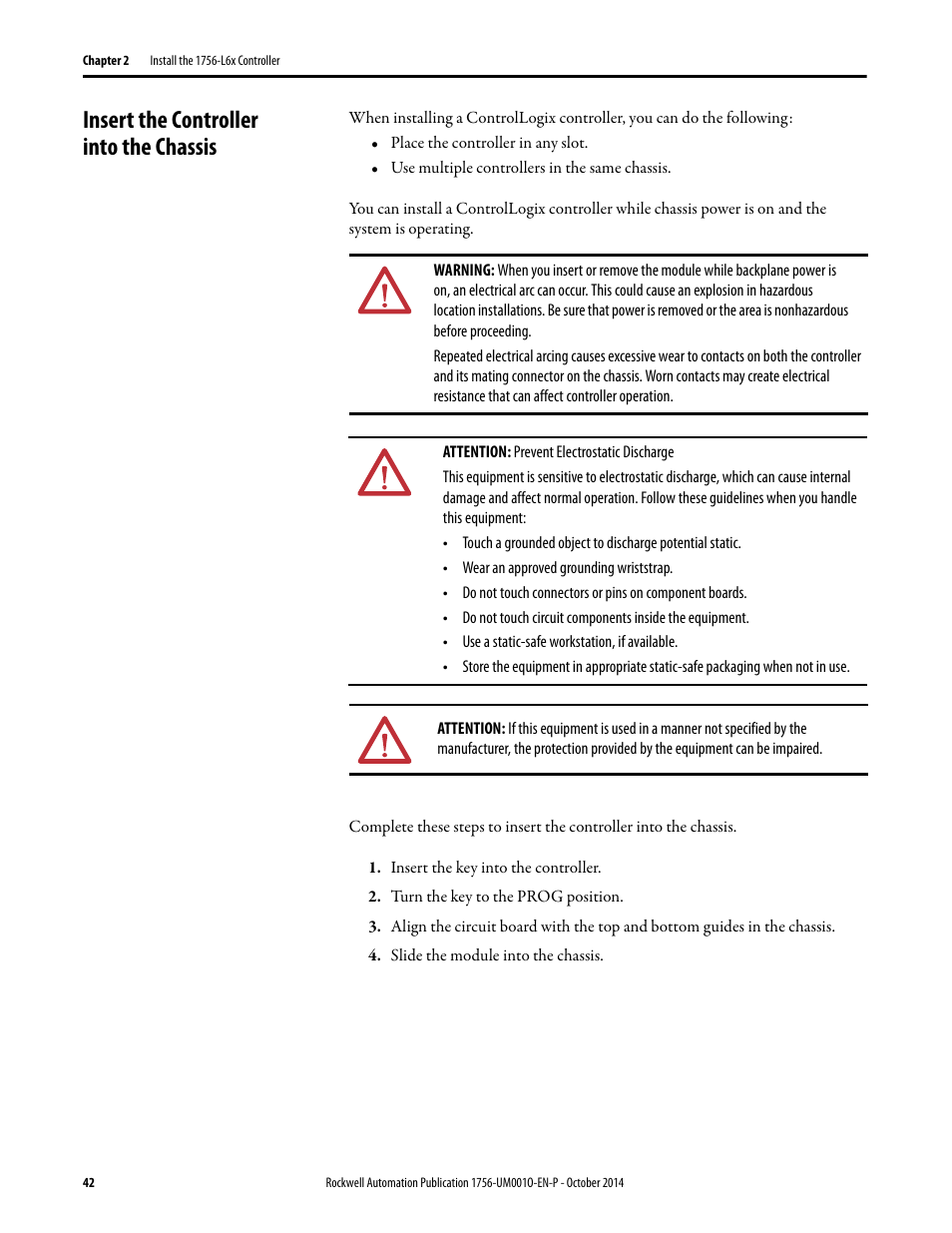 Insert the controller into the chassis | Rockwell Automation 1756-L6x_L7x ControlLogix System User Manual User Manual | Page 42 / 212