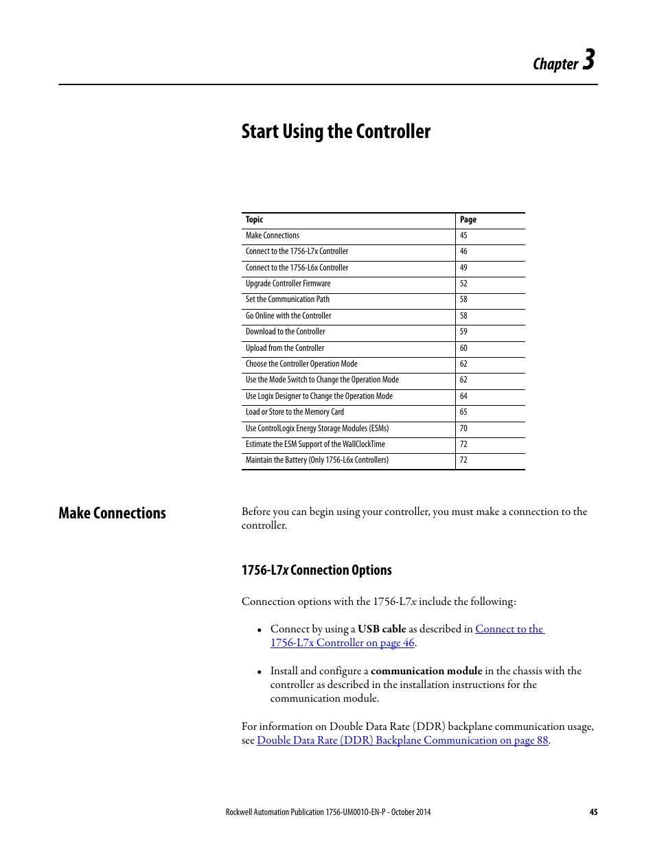 3 - start using the controller, Make connections, 1756-l7x connection options | Chapter 3, Start using the controller, Chapter | Rockwell Automation 1756-L6x_L7x ControlLogix System User Manual User Manual | Page 45 / 212